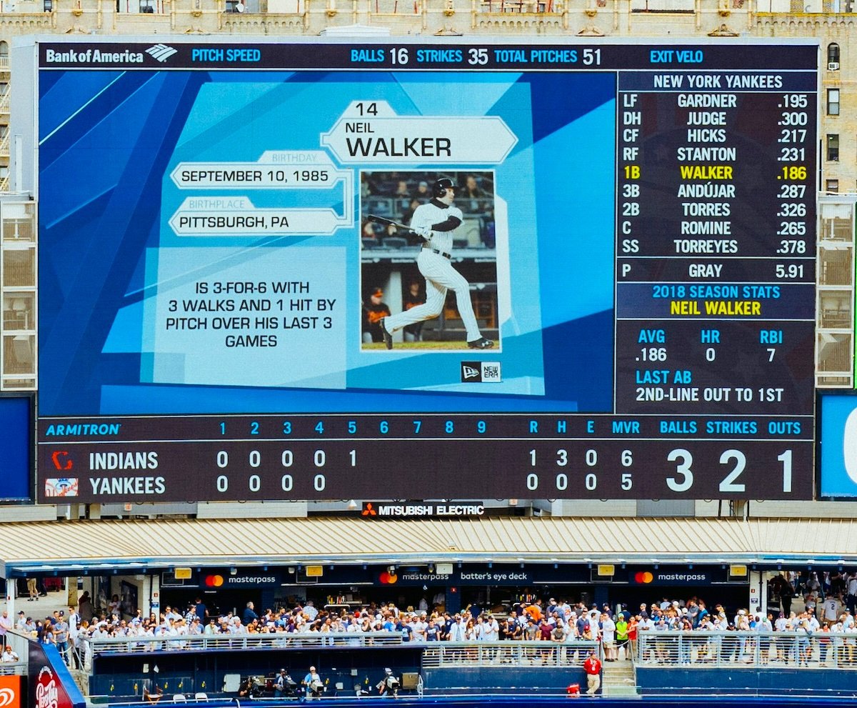 A digital baseball scoreboard showing advanced statistics from the Yankee stadium