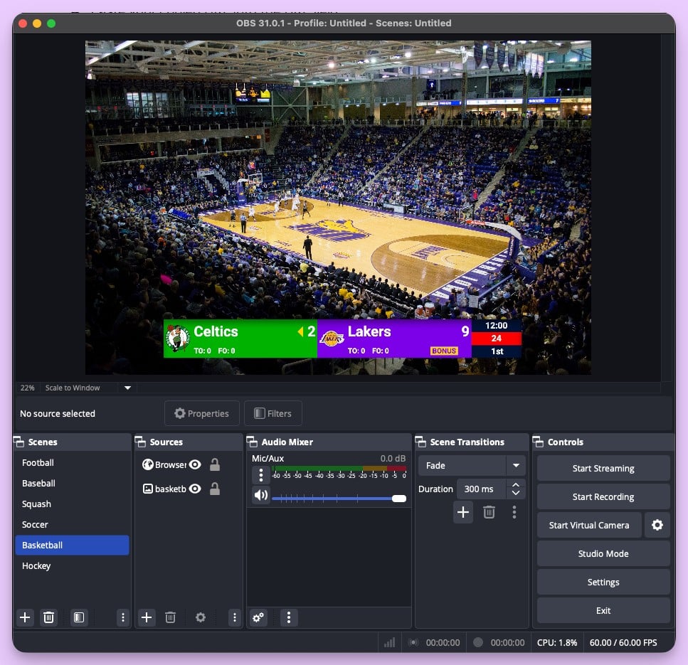 Basketball scoreboard positioned in OBS