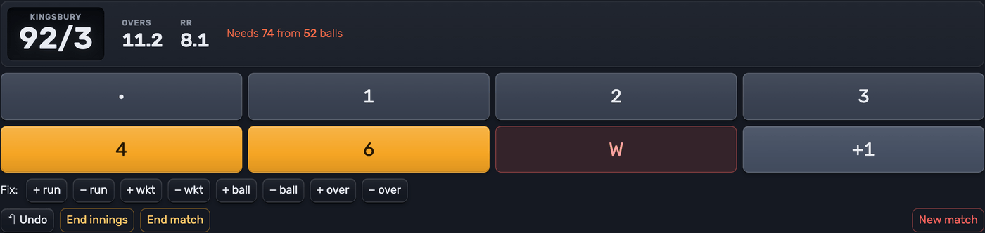 The cricket control panel showing run buttons, wicket, extras, corrections and innings controls