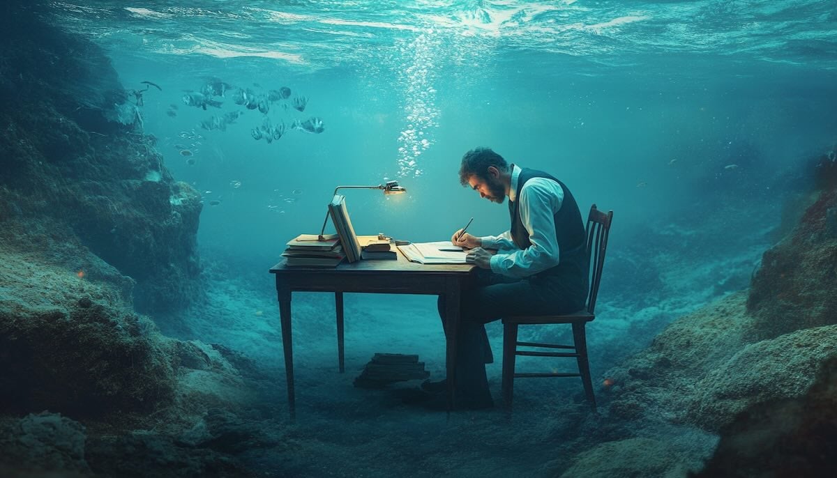 A man doing deep work at the bottom of the sea