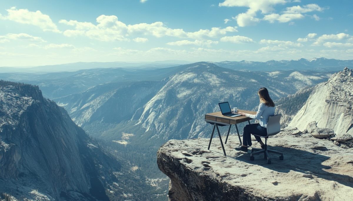 A woman working in deep work mode on a mountain