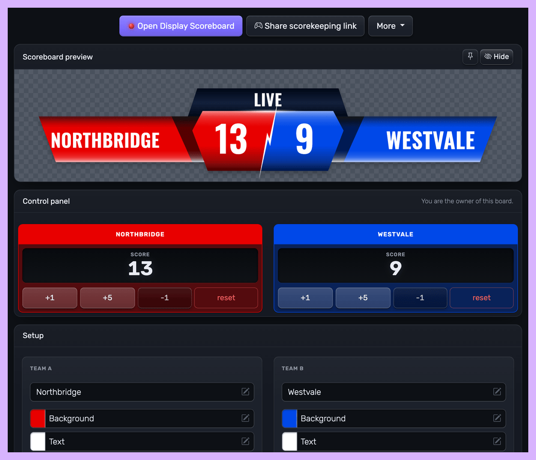The web-based control panel for a score overlay