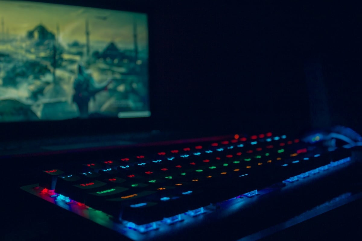 A gaming PC with a backlit keyboard