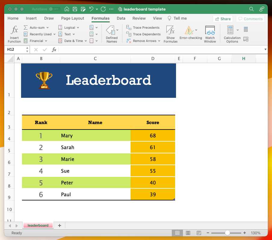 Step-by-step instructions for creating a leaderboard using Microsoft Excel. Includes screenshots and easy to follow instructions.