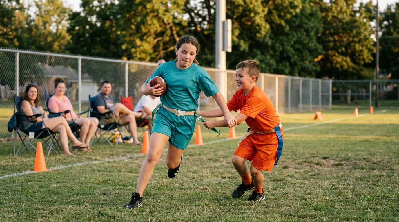 Two kids playing flag football on a park field, one pulling the flag from the ball carrier's belt