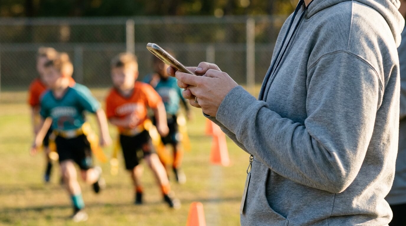 A sideline volunteer updating the score on a phone during a youth flag football game