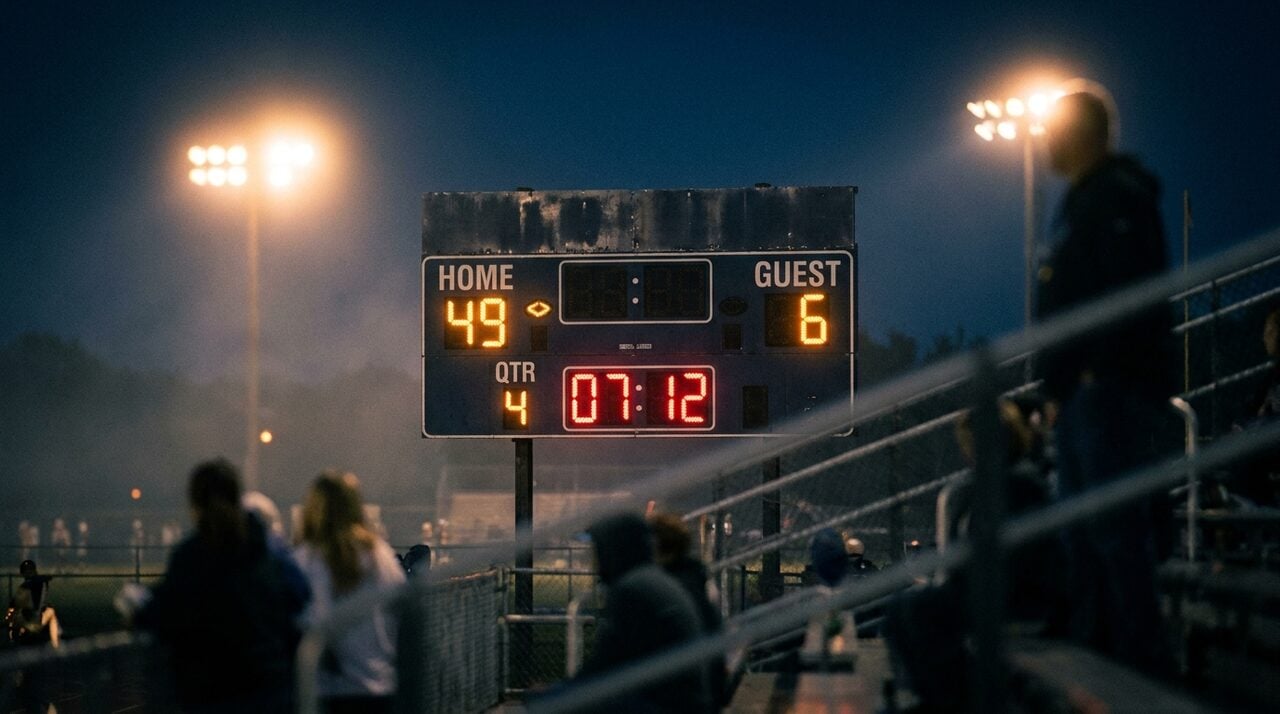 A floodlit high school football scoreboard at night reading HOME 49, GUEST 6, with 7:12 left in the fourth quarter