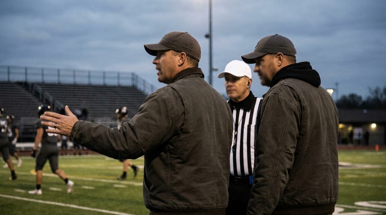 A referee in a striped shirt standing between two head coaches on a high school sideline at dusk