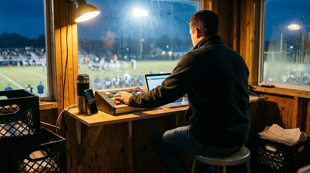 A volunteer clock operator in a high school press box at night, laptop and scoreboard console on a plywood shelf, floodlit field through the window