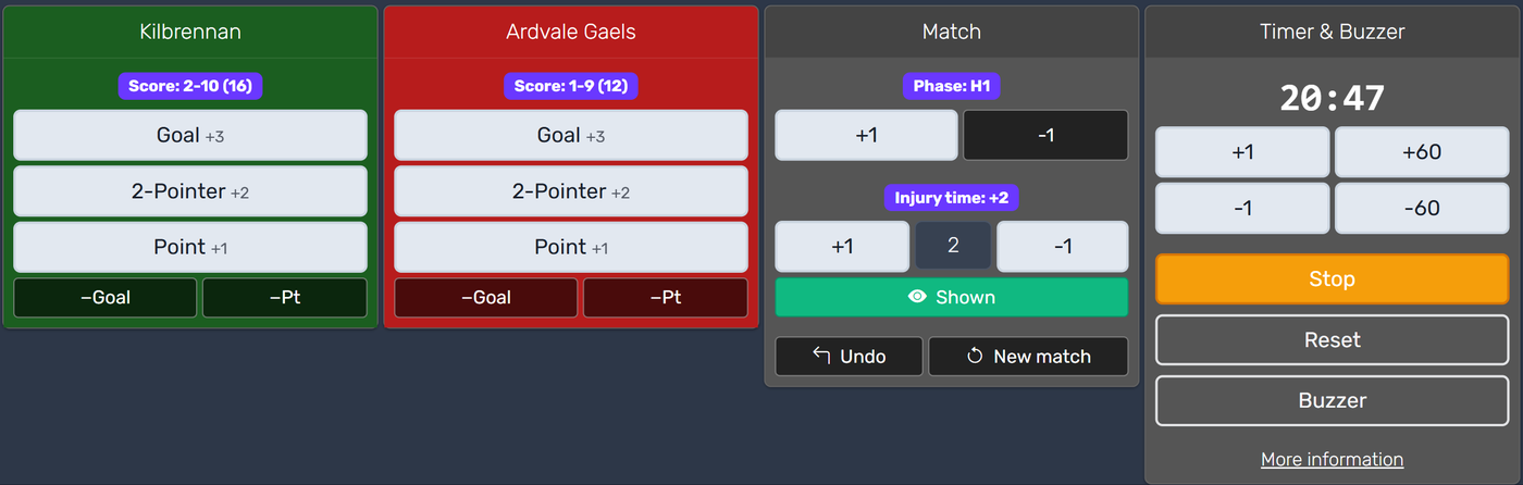 The GAA scorekeeper control panel with goal, two-pointer and point buttons