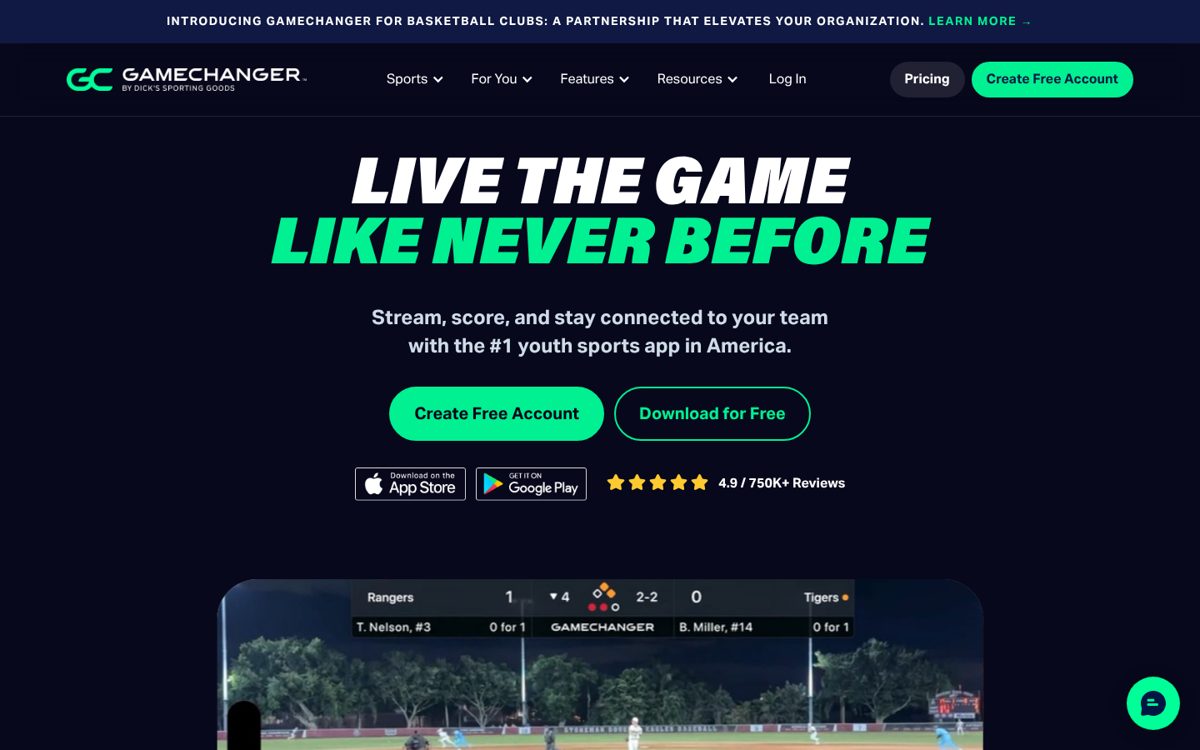 GameChanger's homepage, October 2026