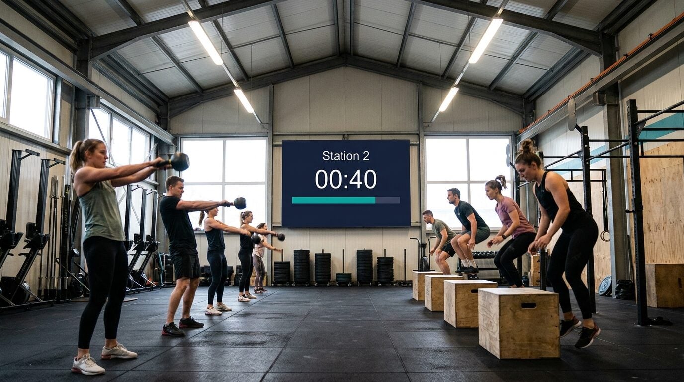 Functional fitness class with an interval countdown on the gym TV