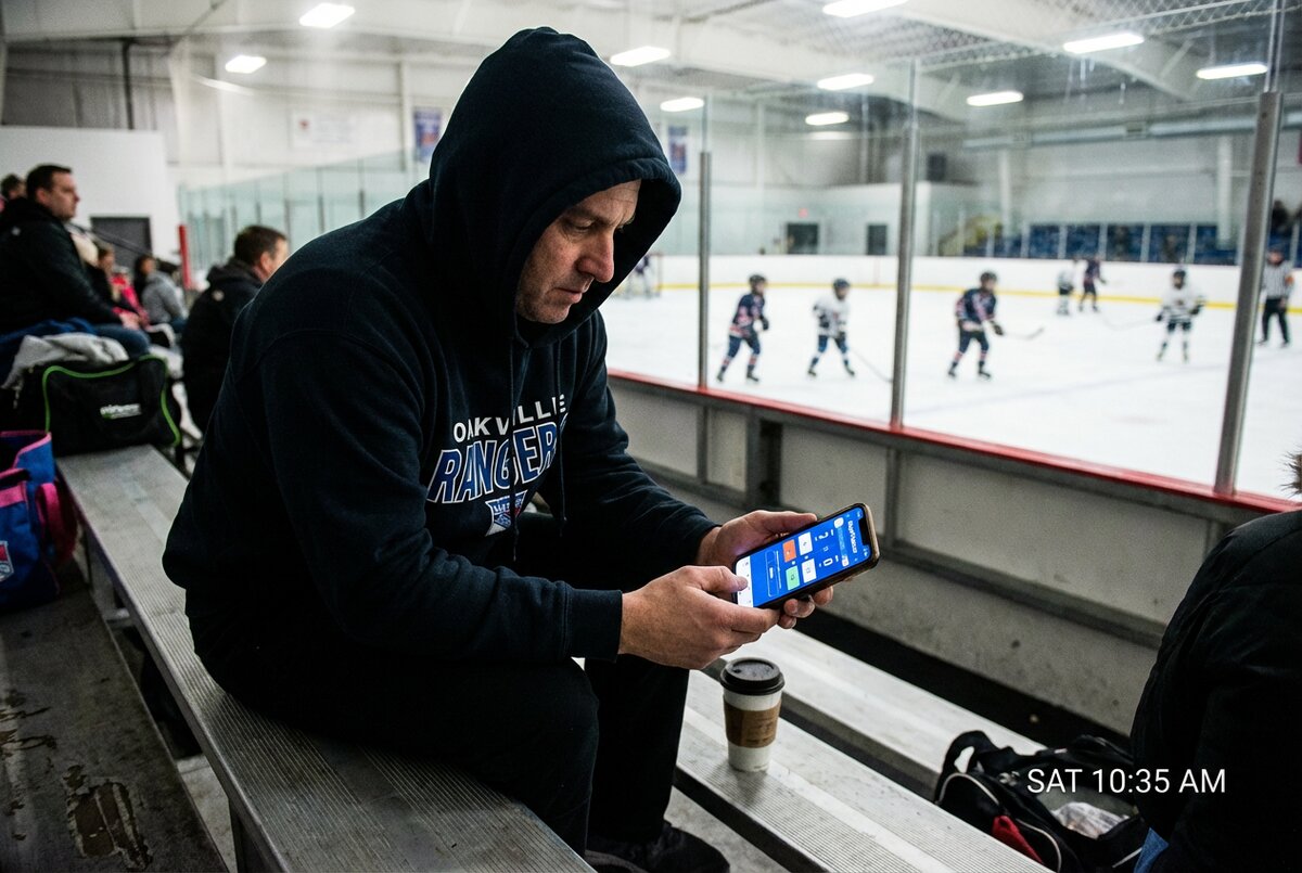 A parent in the stands controls the live scoreboard on their phone while watching their kid's hockey game, helping Sarah stream professionally without leaving their seat