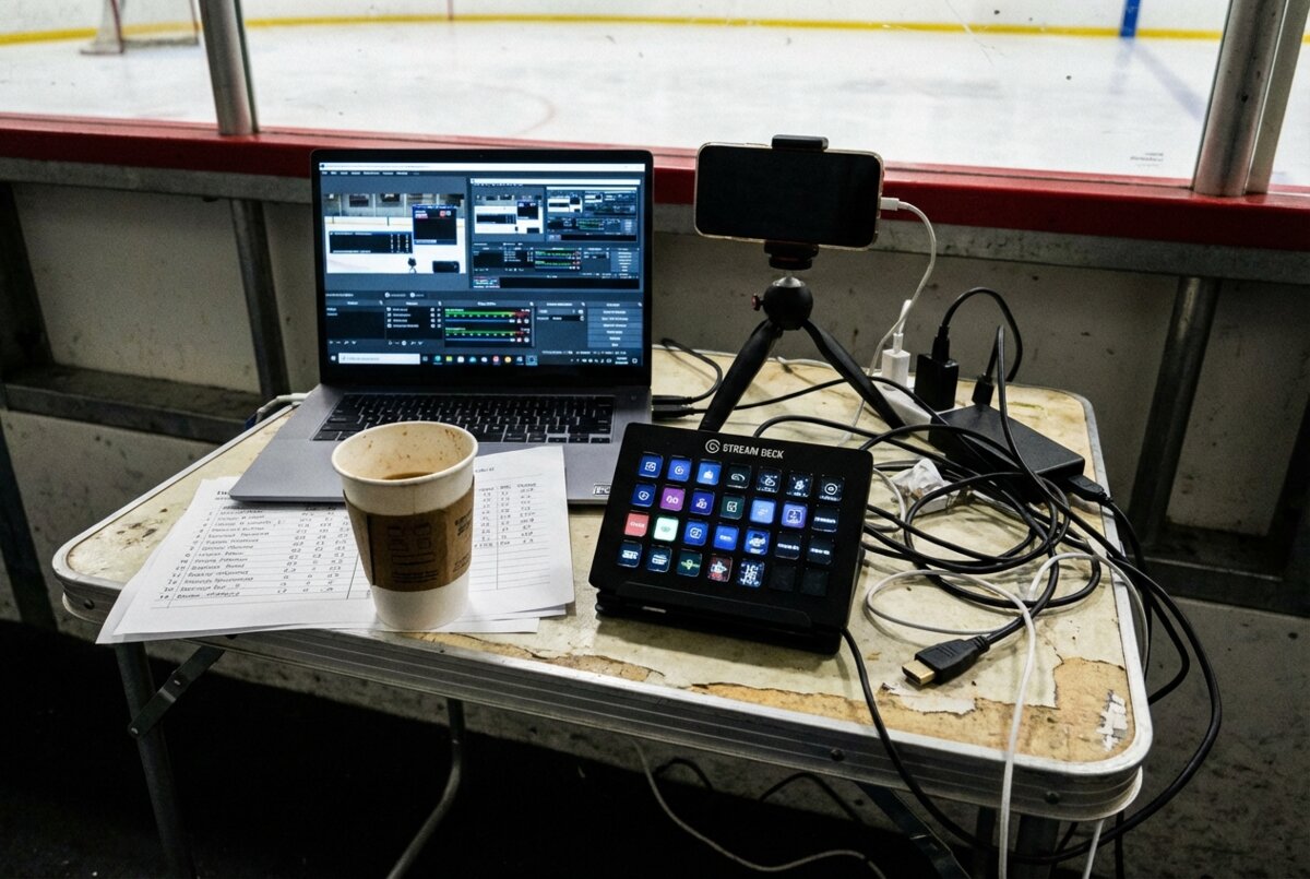 The compact but powerful streaming setup: laptop running OBS Studio, phone on tripod, Stream Deck controller, and handwritten stat sheets all crammed on a portable tray table