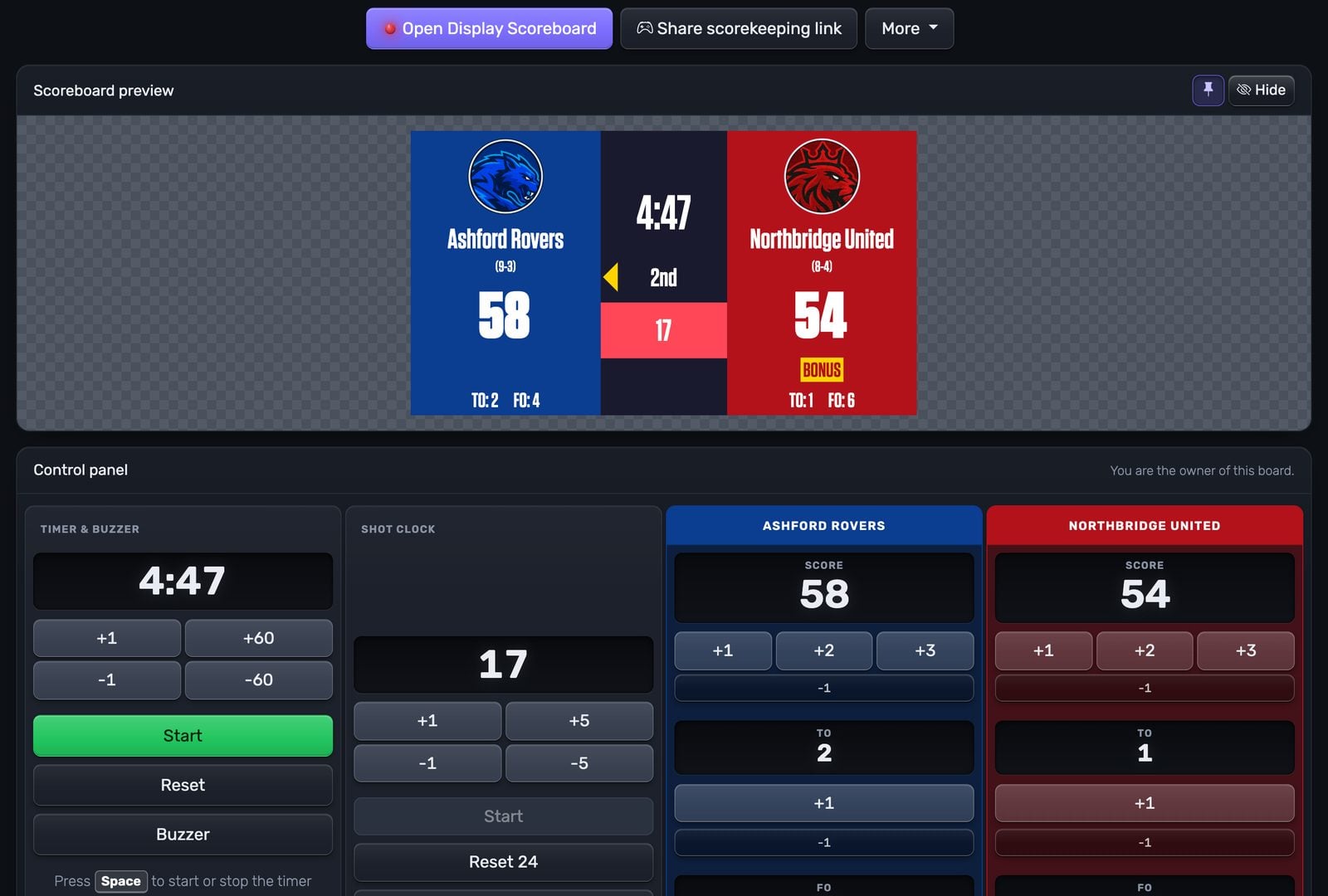 KeepTheScore control panel: scoreboard preview above, clock, shot clock and score buttons below
