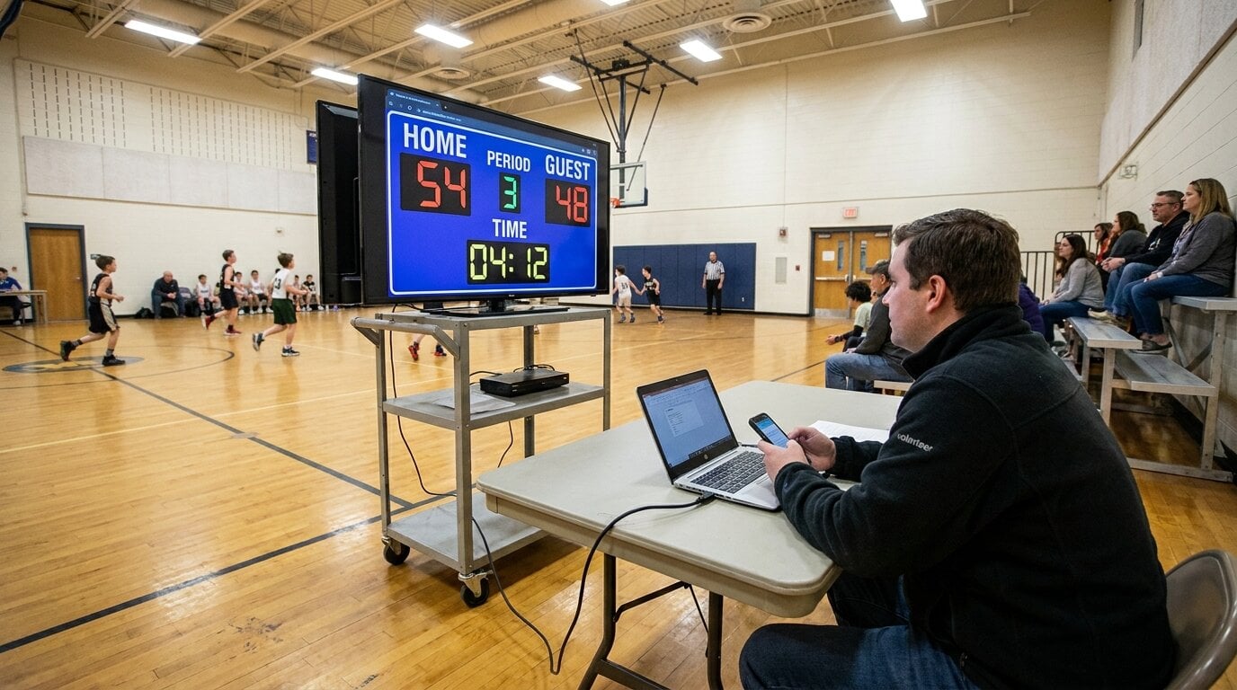 A volunteer at a folding table runs a youth basketball scoreboard from a laptop and phone — TV scoreboard visible on a rolling AV cart in a school gym
