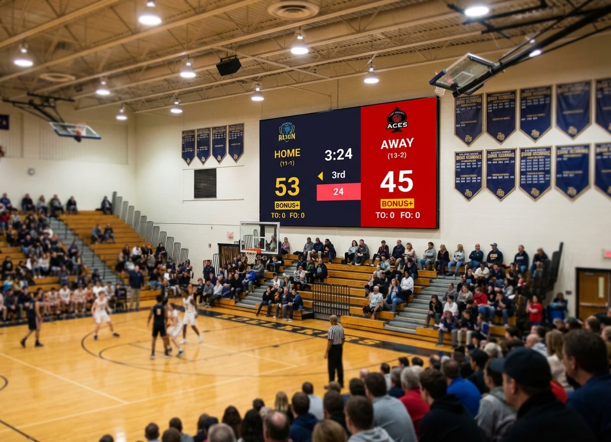 Professional LED scoreboard software for school gyms and sports halls. Works with LED walls, TVs, and projectors via HDMI. Basketball, volleyball, wrestling, and more. No special hardware needed.