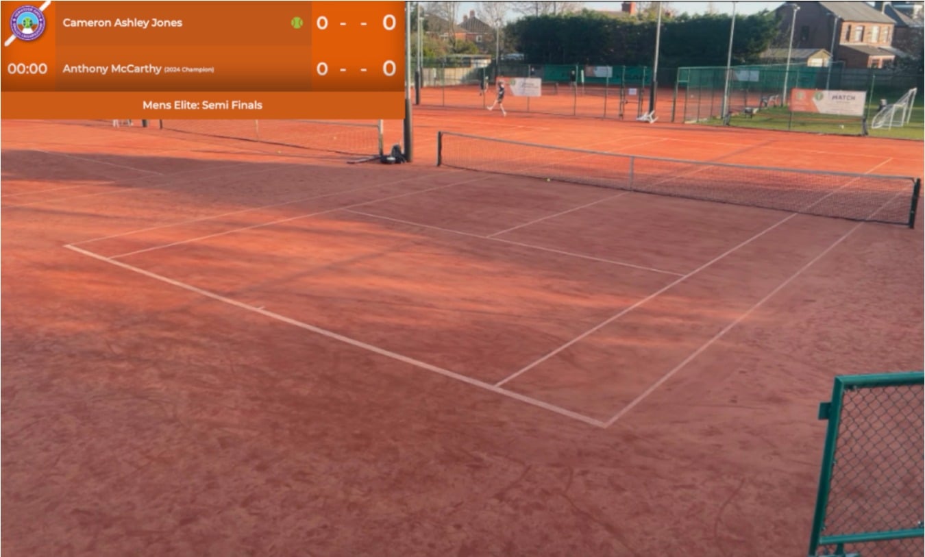 Live tournament stream showing KeepTheScore scoreboard overlay during Mens Elite Semi Finals match