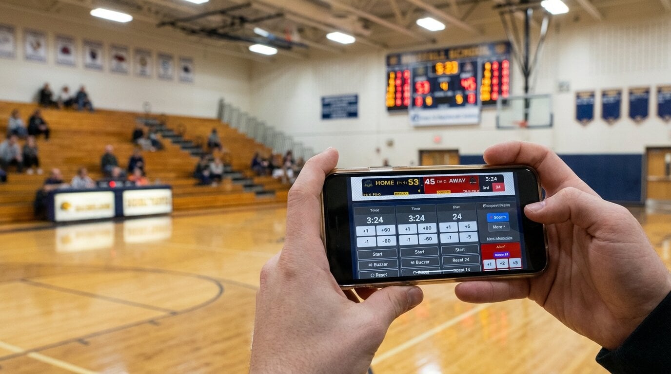 Hands holding phone to control scoreboard with LED wall in background