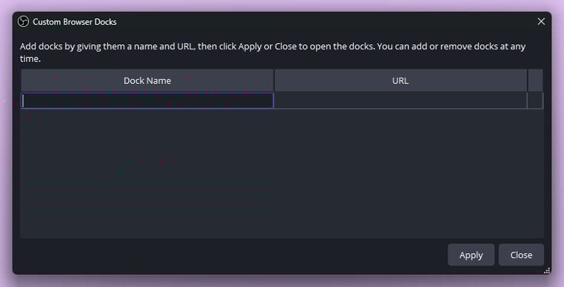 The OBS Custom Browser Docks dialog with a name and URL entered