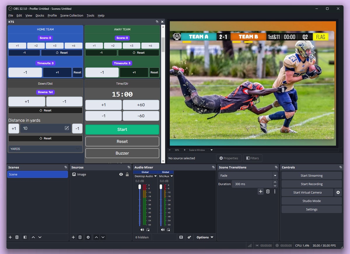 OBS layout with a docked control panel and a browser source in the scene preview