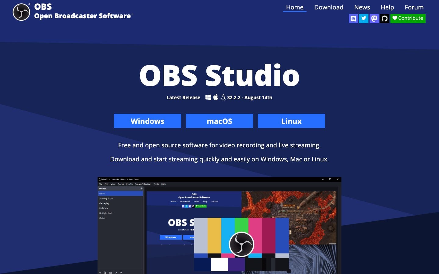 OBS Studio website homepage, October 2026