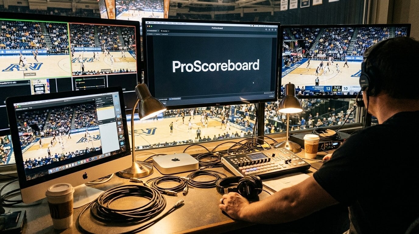 ProScoreboard running in a college basketball broadcast AV booth — Mac Mini, multiple monitors with camera feeds, SDI cables, and a video switcher visible behind the operator