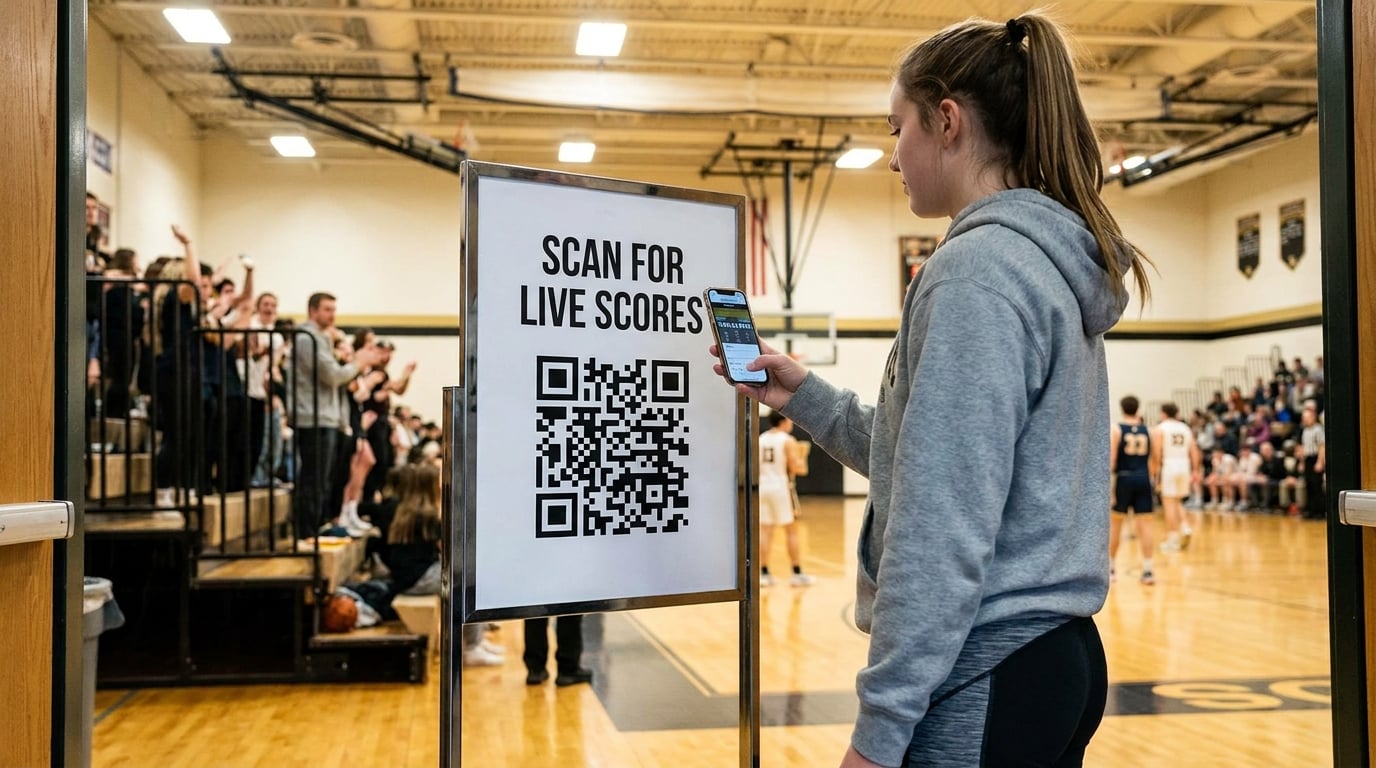 A spectator at an indoor basketball tournament scanning a printed "Scan for live scores" QR code sign with her phone