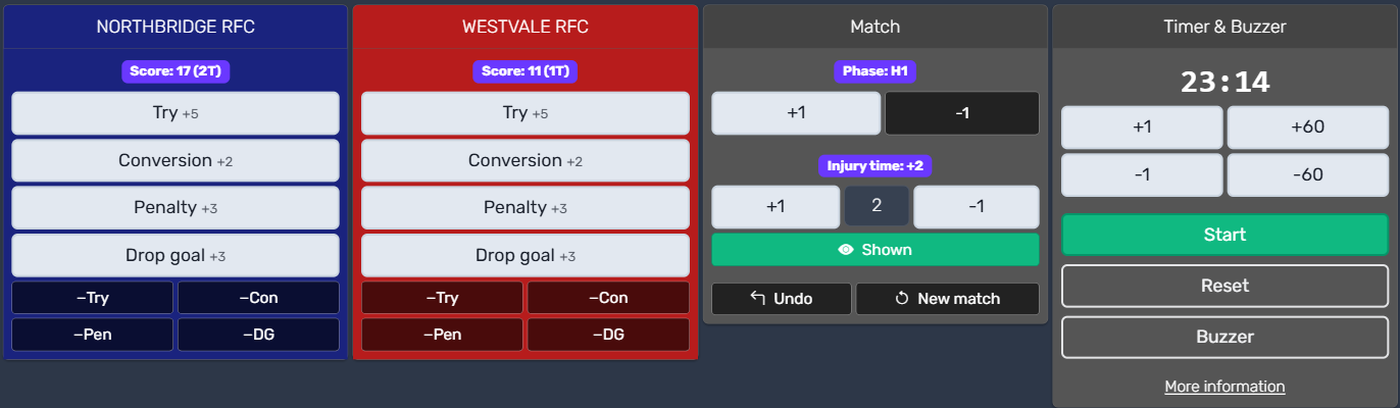 The rugby control panel showing try, conversion, penalty and drop goal buttons for both teams, match phase, stoppage time and the clock