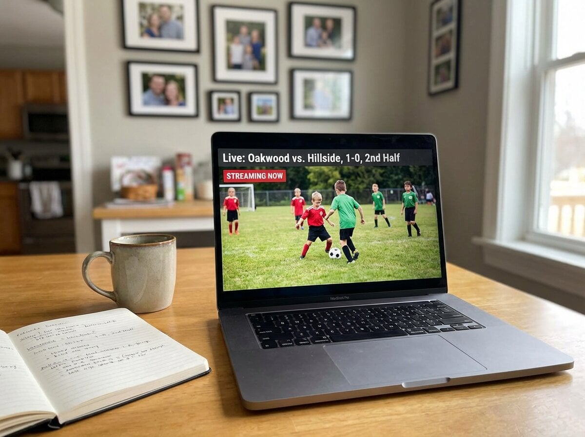 Laptop showing live stream of school sports game on a kitchen table