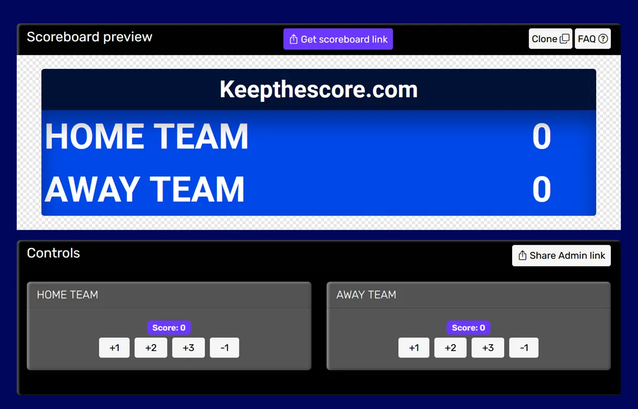 Control panel for an online scoreboard