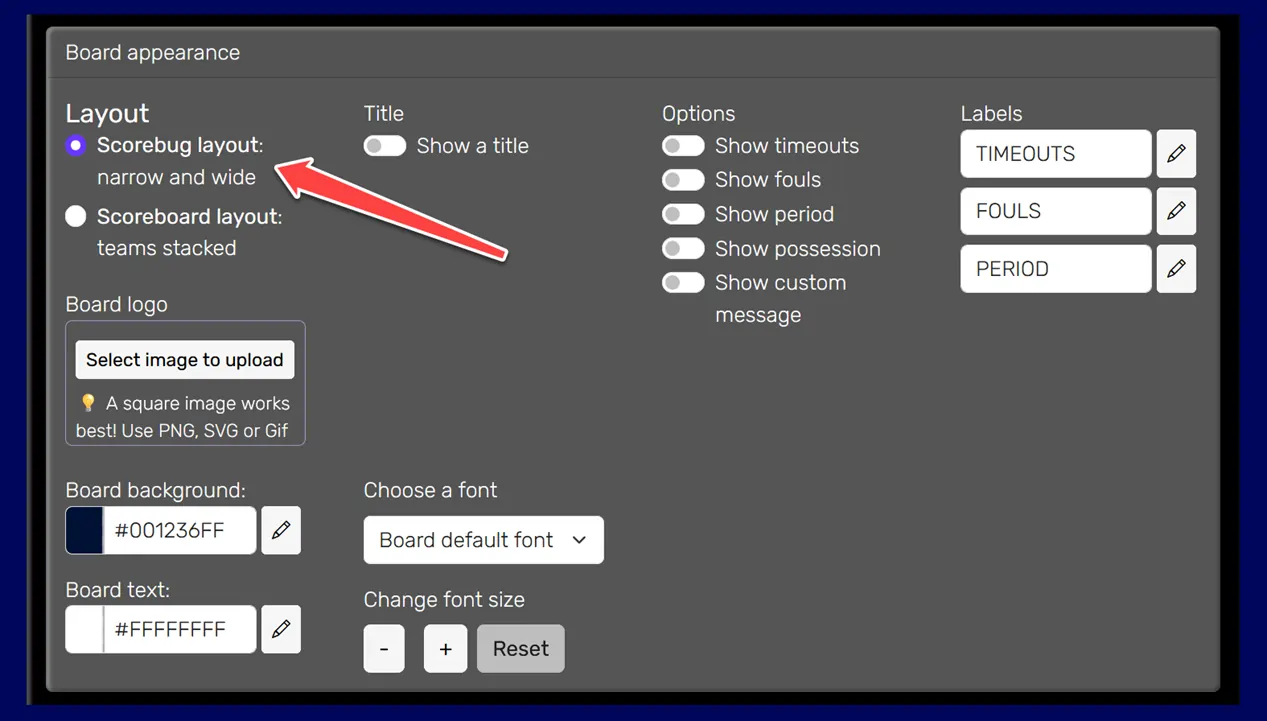 Changing the layout for an online scoreboard