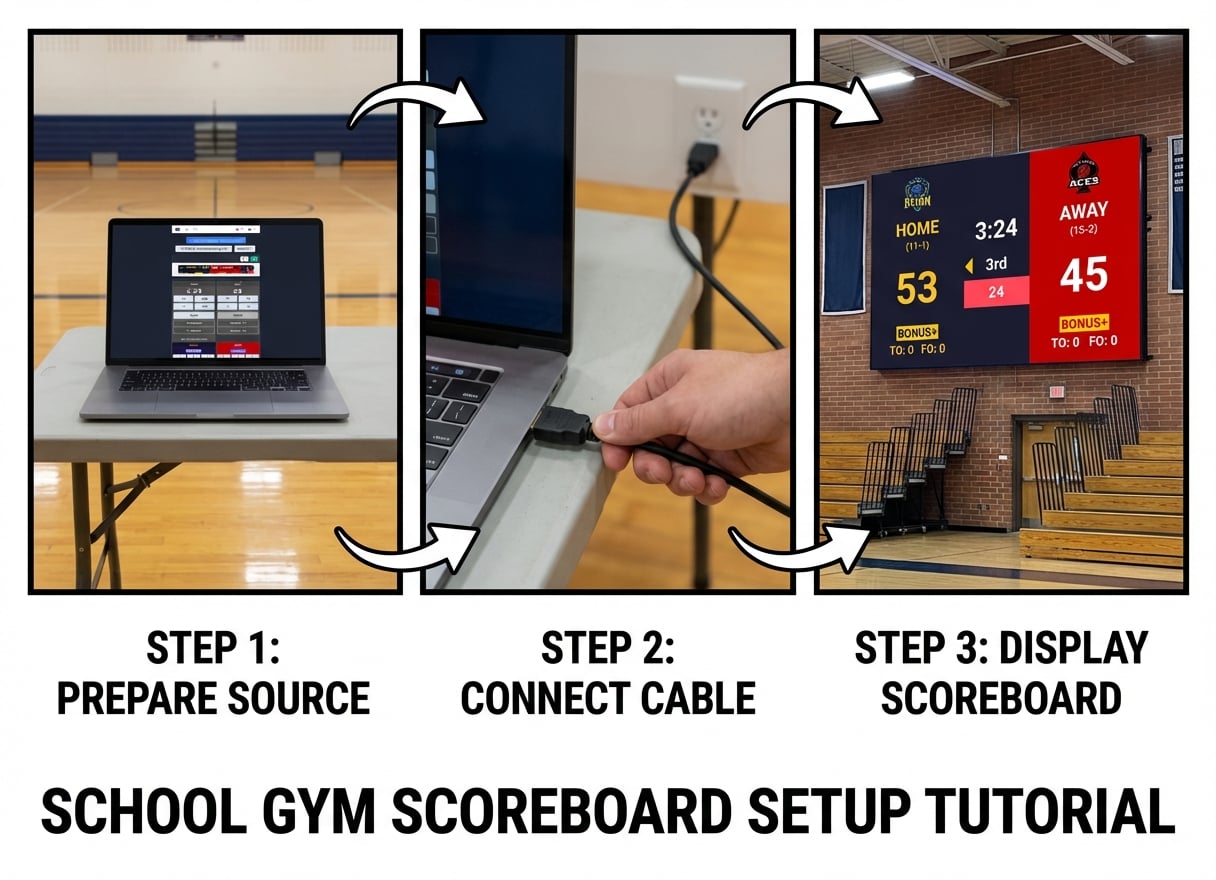 Three-step scoreboard setup: laptop, HDMI cable, LED wall display