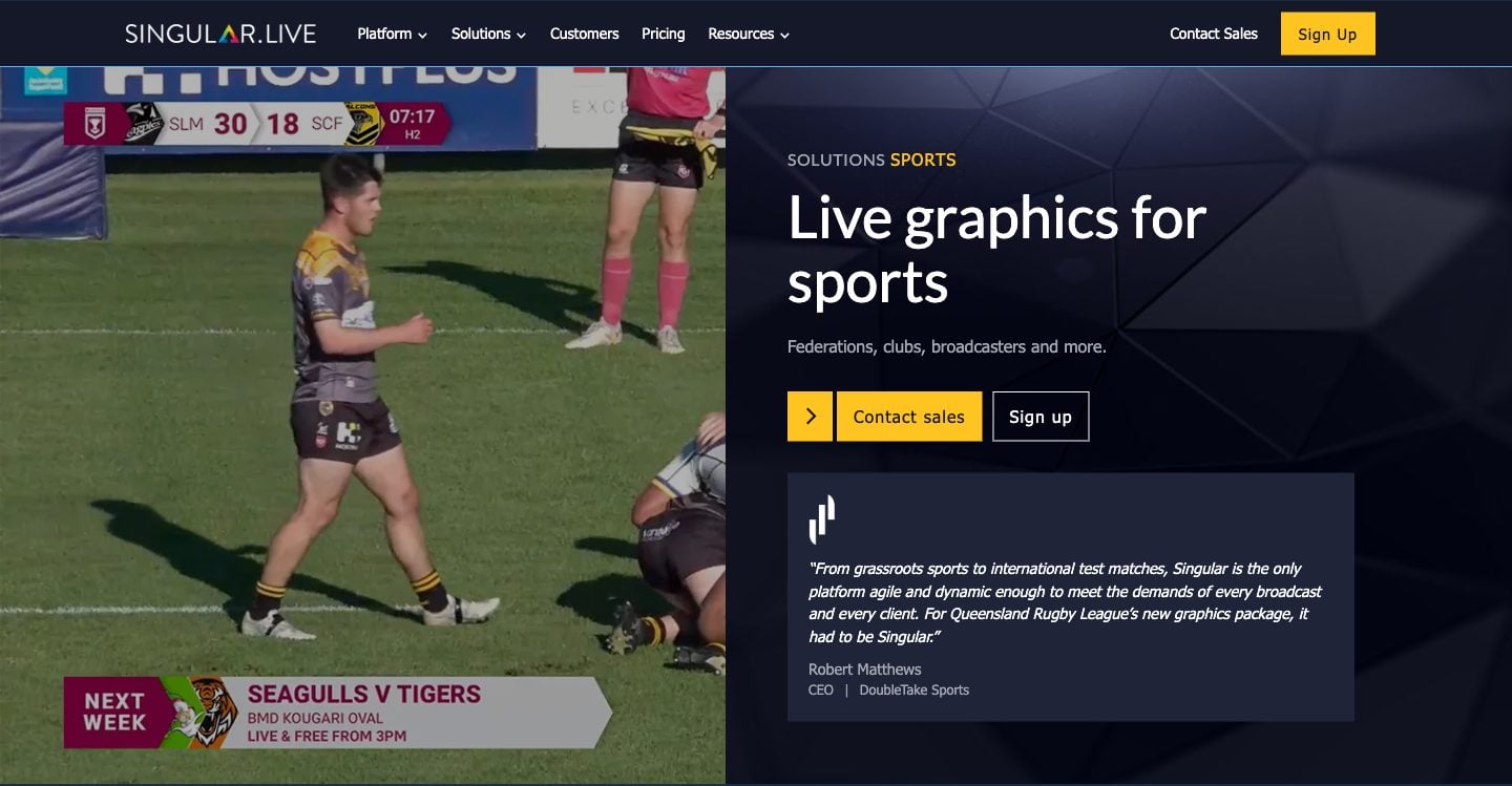 Singular.live sports solutions page, October 2026