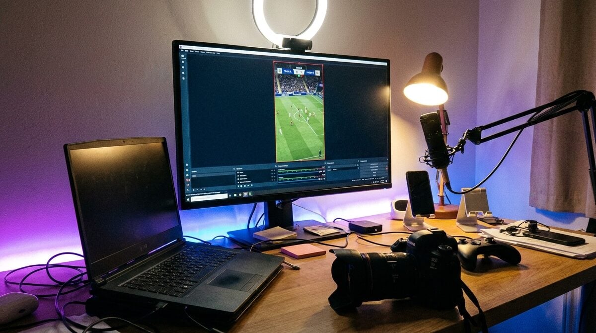 Streaming desk with a vertical live stream and a scoreboard overlay