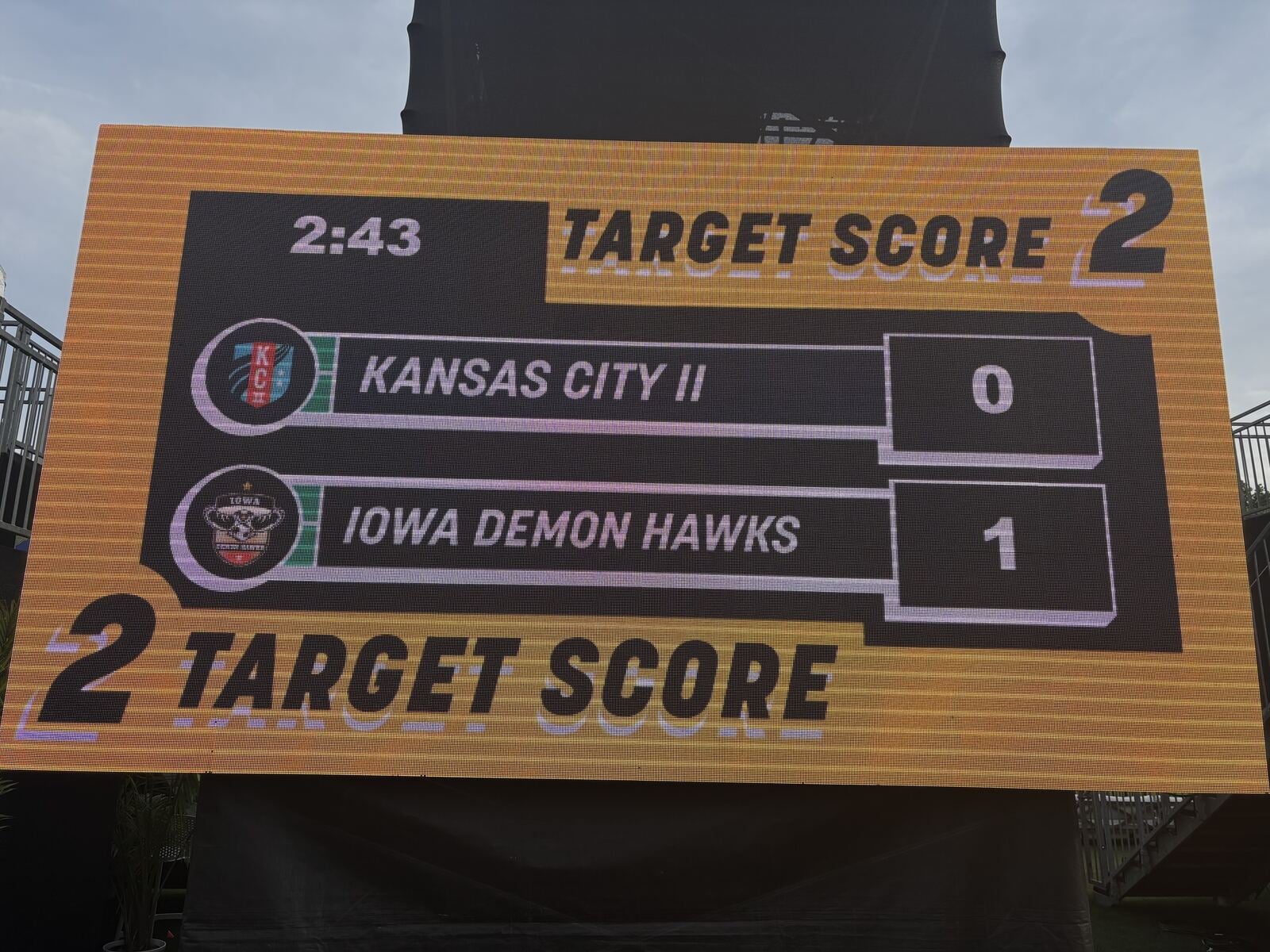 The pitch-side LED board during Target Score Time: the clock reads 2:43, the frame reads TARGET SCORE 2, and the home side trails 0–1