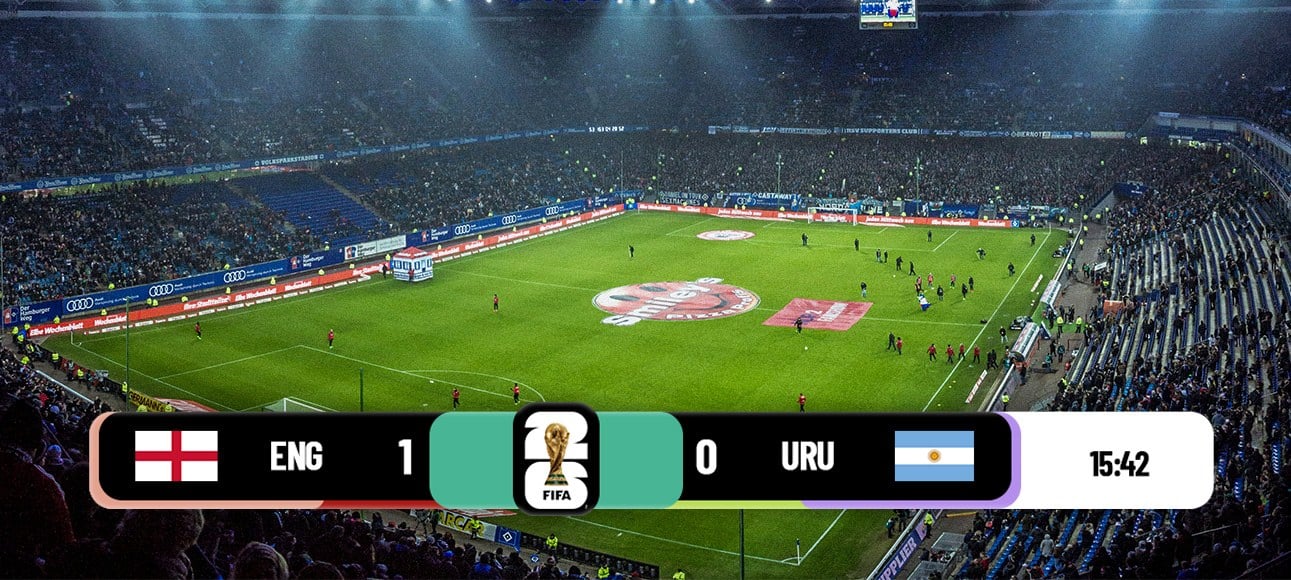 A World Cup 2026 score bug overlaid on a live stadium stream