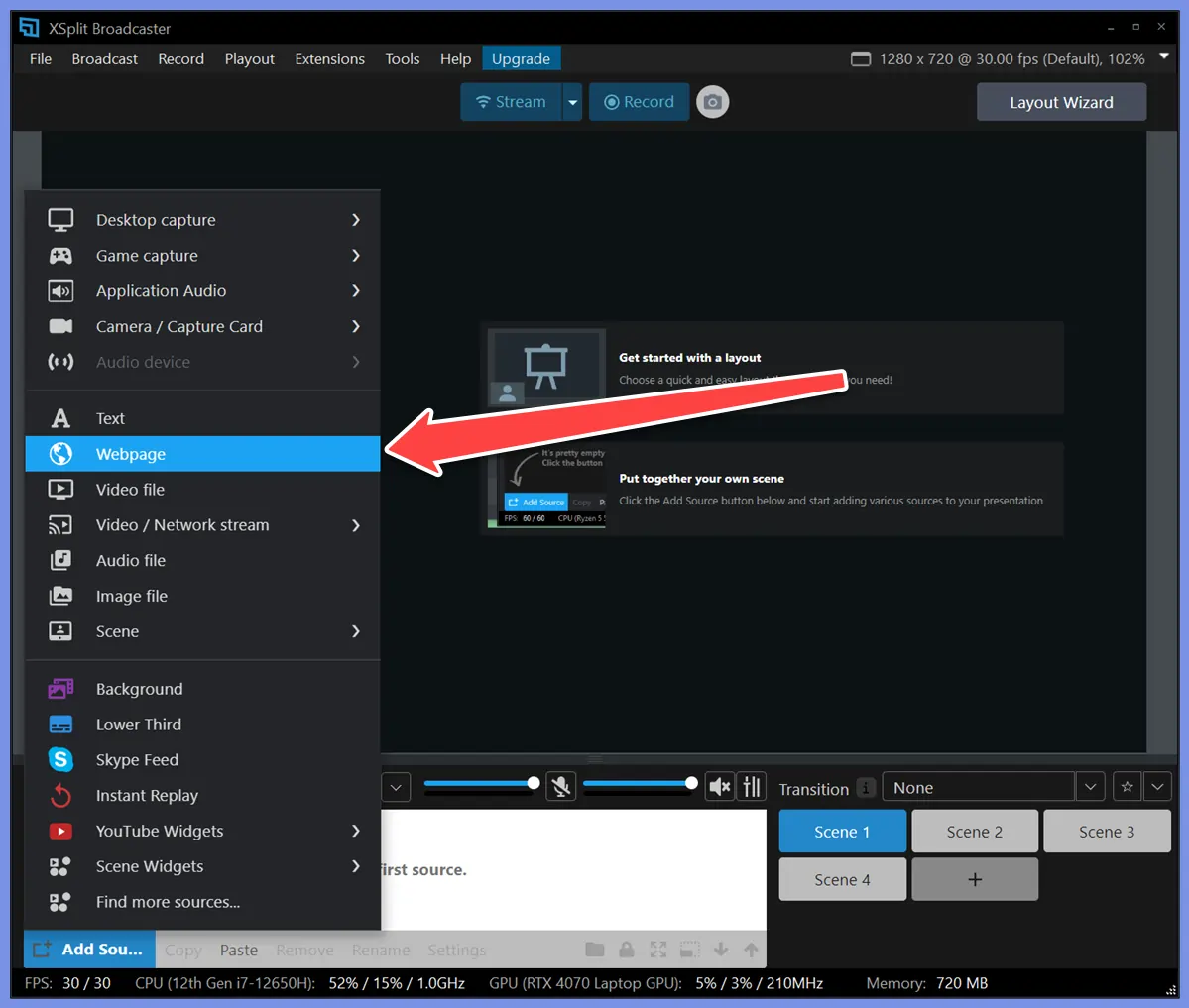 XSplit adding a webpage source