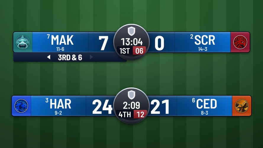 Game Day Broadcast Bar - Floating lower-third bar with circular team crests, win-loss records and rankings, plus a game...