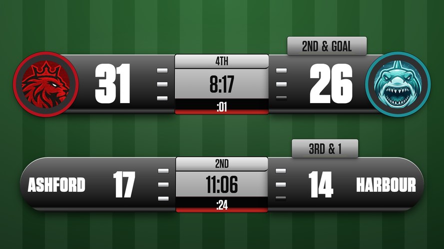 Minimal Top Score Bug - Compact score bug that sits at the top of the screen with team crests, score, quarter, game...