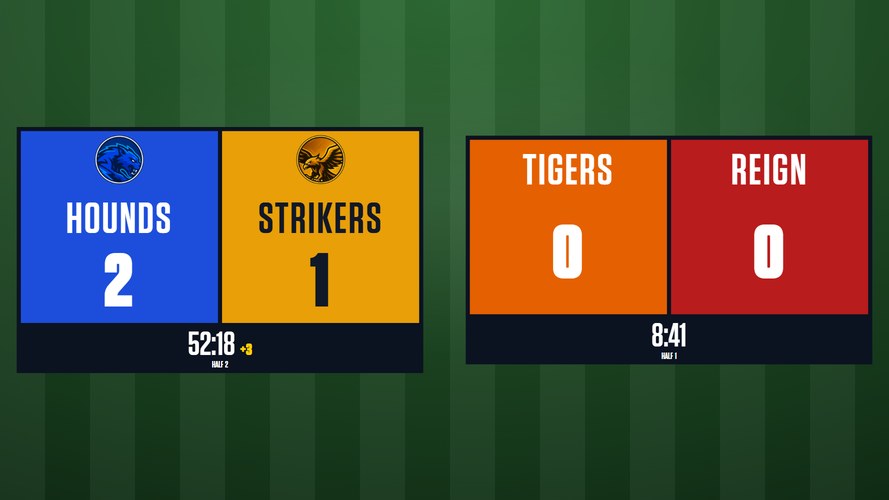 Soccer Game Day - Broadcast-style soccer scoreboard with the teams on full-height panels, crests above the score,...