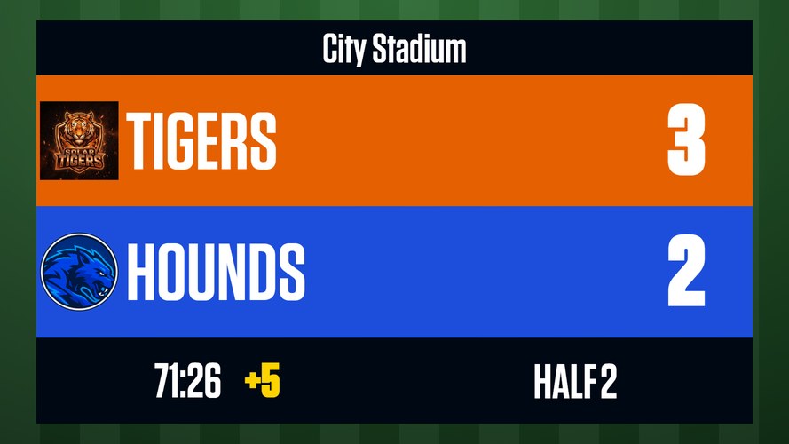 Stadium Scoreboard - Full-screen soccer scoreboard for the big display — a stacked board on near-black, built to be...