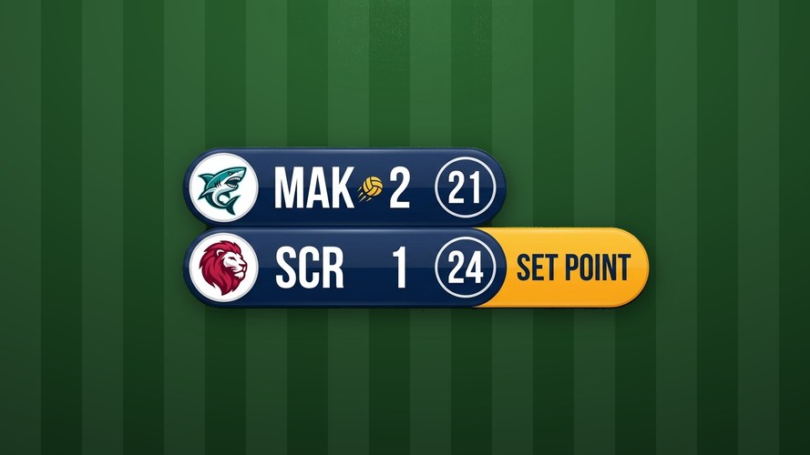 Set Point Pill - A stacked two-row pill showing each team's crest, sets won and current points, with a serve...