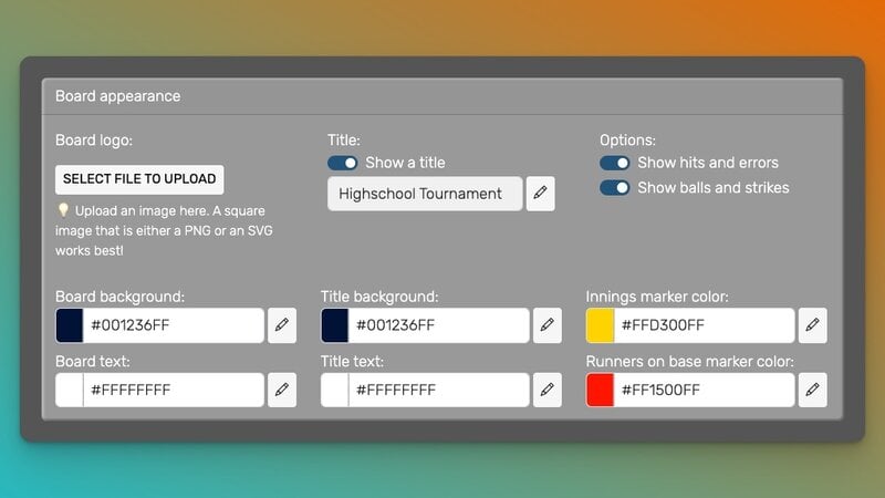 Contol panel for a baseball scoreboard in a web-browser