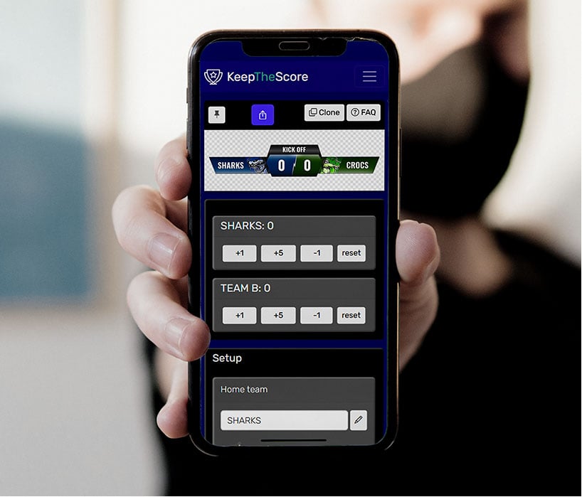 Feature screenshot: A mobile phone controlling a scorebug