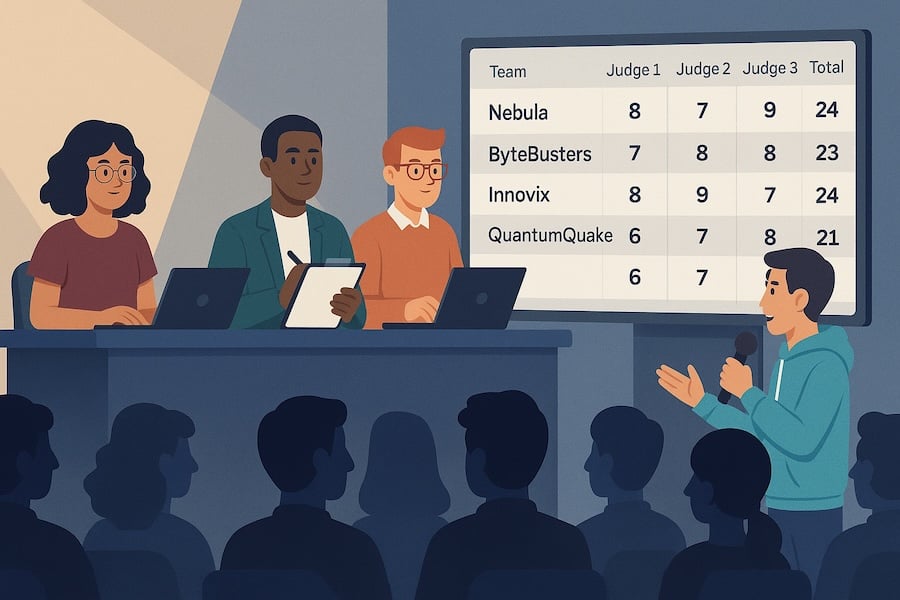Feature screenshot: Judges scoring hackathon teams with live leaderboard display