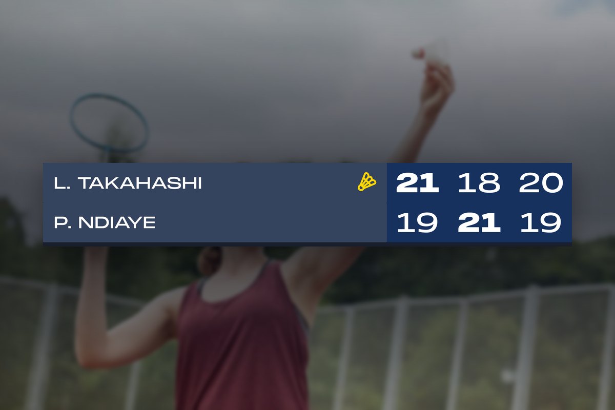 Feature screenshot: A badminton scoreboard with completed games at 21-19 and 18-21, a live third game at 20-19, and the shuttlecock serve indicator