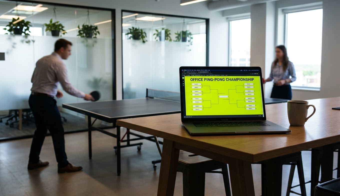 Feature screenshot: Office ping-pong championship bracket on laptop screen
