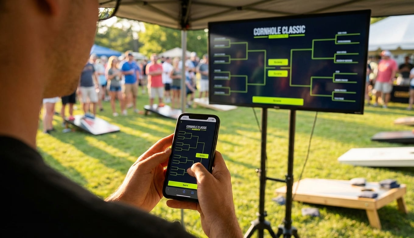 Feature screenshot: Tournament bracket displayed on a large outdoor screen with phone control