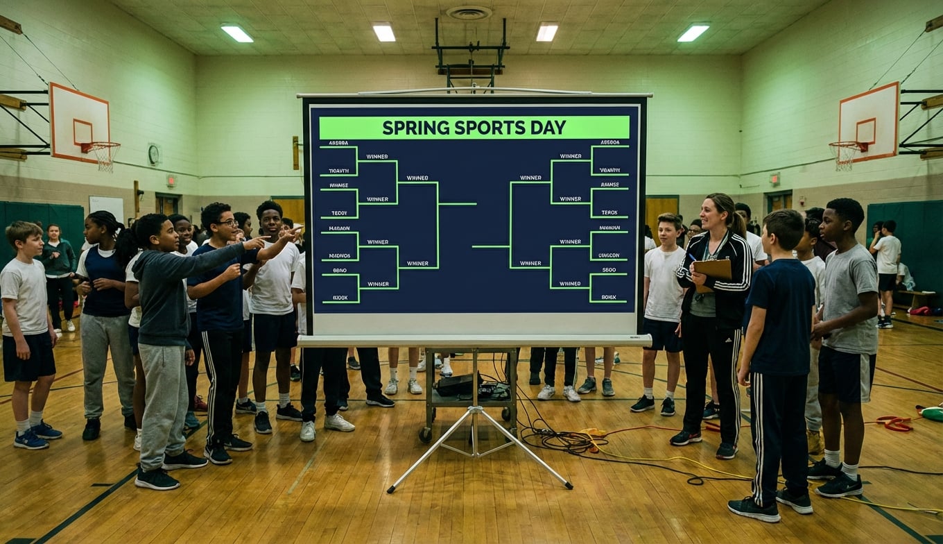 Feature screenshot: Youth basketball tournament bracket with live scores updating in real time